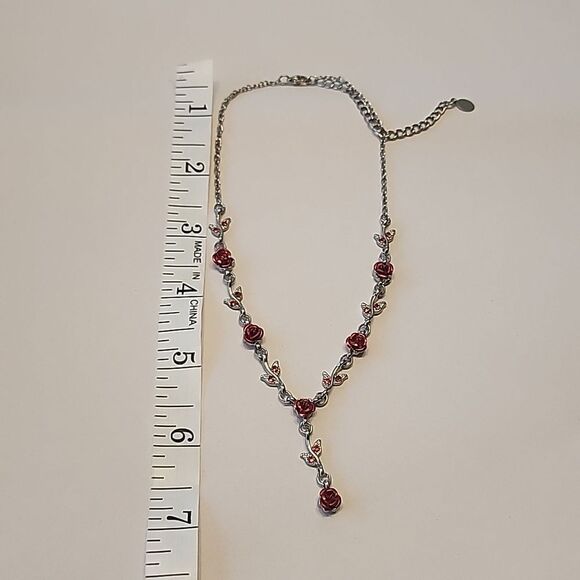 Red Rose Necklace on Silver Tone Chain w/ Red Rhinestone Crystals - Picture 4 of 4